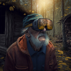 Illustration of an old man wearing VR Headset in the woods. Concept for Technology for Older People - obrazy, fototapety, plakaty