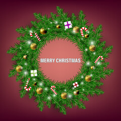 Festive background with Christmas tree wreath decoration with golden balls, gifts and sweets