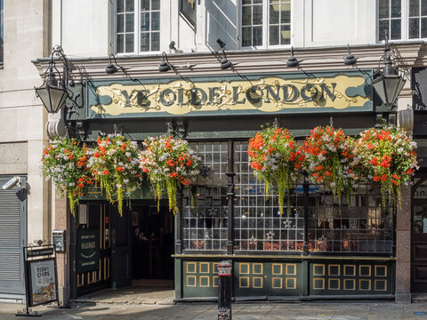 LONDON, UK - AUGUST 25, 2017:  Exterior view of Ye Olde London Pub in Ludgate Hill in the City of London