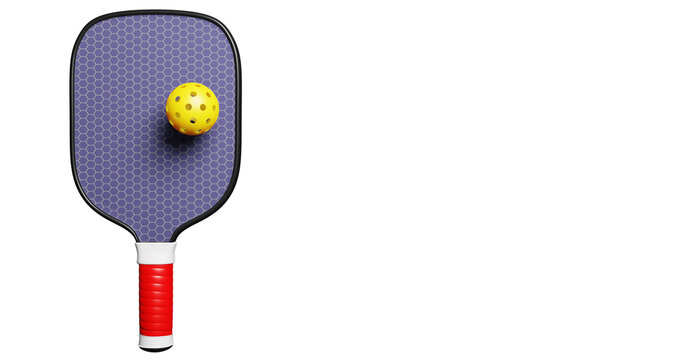 Racket paddle and plastic ball with holes for playing pickleball on a transparent background. American sport top view 3D rendering