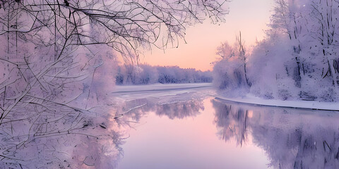 Winter Christmas Landscape In Pink Tones With Calm Winter River, Surrounded By Trees. Winter Forest On The River At Sunset. Landscape With Snowy Trees, Beautiful Frozen River With Reflection In Water