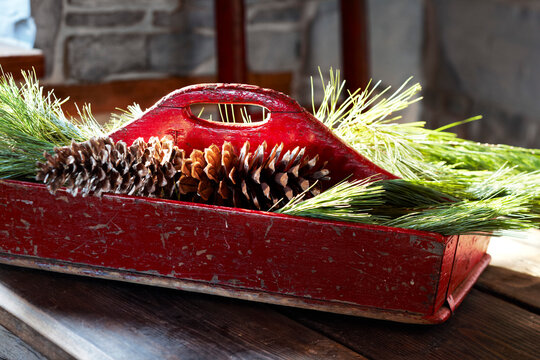 Pine Cones and Pine Needles in Wooden Trug