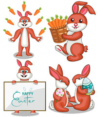 Funny Happy  easter cartoon bunny rabbit  and carrot vector illustration set