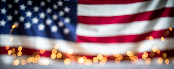 Defocused US flag with bokeh lights. Fourth of July Independence Day background