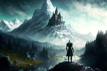 A witcher stands in front of an epic foggy landscape with a huge mountain with a castle in the background, generative ai