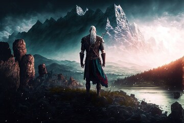 A medieval warrior standing in a beautiful colorful landscape with a misty mountain in the background, generative ai