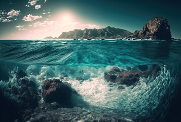 Obraz na płótnie Canvas island, wave, water, surface, ocean, sea, blue, turquoise, tropical, travel, summer, closeup, close up, close-up, wave,