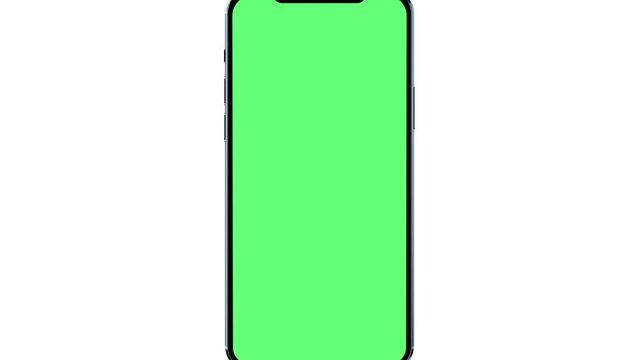 Modern mobile phone with green screen on white background. 4K animation with smartphone model and motion zoom effect
