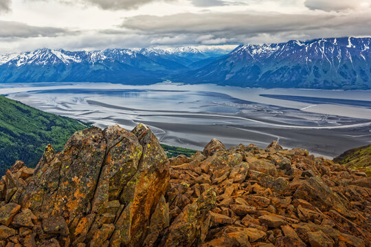 Rock piles at Bird Ridge and Turnagain Arm, Chugach State Park, South-central Alaska in summertime; Alaska, United States of America