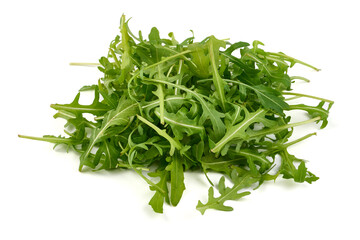 Fresh vegetarian arugula salad, isolated on white background. High resolution image.