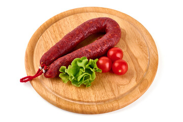 Spanish spicy Chorizo Sausage, close-up, isolated on white background.