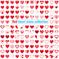 Red heart icons collection. Different styles of hearts set. Red heart symbol for Valentines Day.