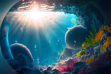 Fototapeta na wymiar Underwater landscape with diverse vegetation, algae, corals, air bubbles with a bright glare from the sun.Colorful seascape with sun rays Generated by ai.