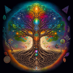 The World Tree with chakras and butterflies, facilitation of meditation, well-being and reflection - obrazy, fototapety, plakaty