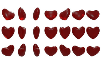 3d render of a red heart from different sides on a transparent background 