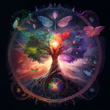 The World Tree with chakras and butterflies, facilitation of meditation, well-being and reflection