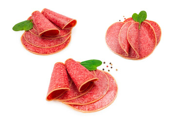 Salami slices isolated on white background.