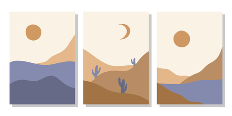 Set of abstract desert landscape posters. Modern contemporary boho sun moon mountains and cactus minimalist wall decor. Vector print