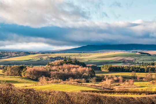 Vista overlooking the scenic views of the Cheviot Hills of Northumberland in winter; England, United Kingdom