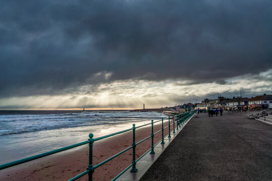 Seaside promenade along the coastline at sunset; Sunderland, Tyne and Wear, England, United Kingdom