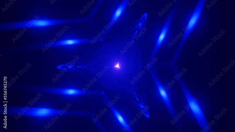 Poster sci-fi infinite triangle shape tunnel transformer with blue neon lights.