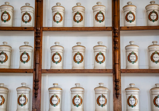 Jars with medical compounds in the pharmacy of the Santa Casa da Misericordia Bahia, Museu da Misericordia (Museum of the House of Mercy); Salvador, Bahia, Brazil