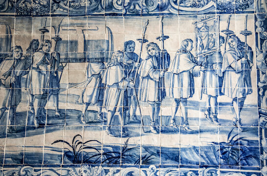 Azulejo panel depicting the Procession of Fogareu and the Procession of Bones, in the Santa Casa da Misericordia (Holy House of Mercy); Salvador, Bahia, Brazil