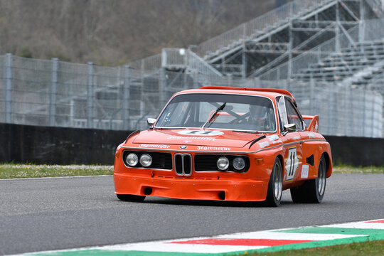 Scarperia, 3 April 2022: BMW 3.0 CSL 1972 driven by unknown in action during Mugello Classic 2022 at Mugello Circuit in Italy.