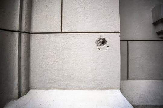 Close-up of a bullet hole inside the Museum of the Revolution provides evidence of war; Havana, Cuba