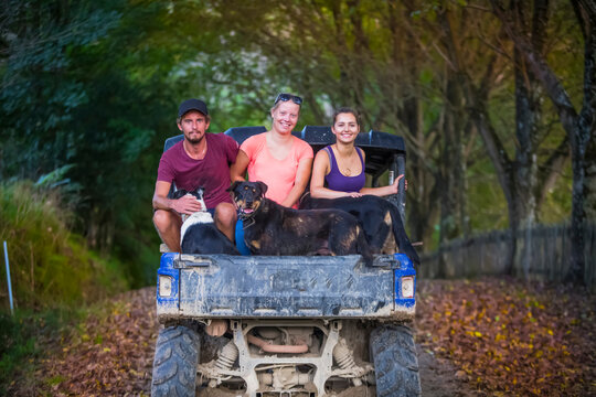 Three young adults sit in the back of a dune buggy with dogs after a muddy tour; Retaruke, Manawatu-Wanganui, New Zealand