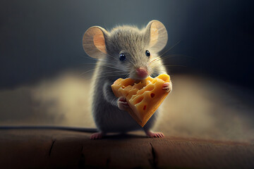 Cute mouse and heart shape piece of cheese in paws. Generative Ai
