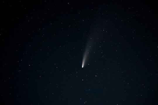 Comet Neowise with tail in the Western sky shortly after sunset taken from Western Washington; Olympia, Washington, United States of America