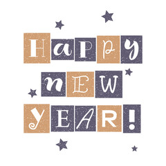 Creative unusual lettering of Happy New Year with different letters in modern style decorated with stars for decoration, greeting cards, posters, presents, advertising