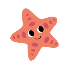 Cute orange starfish swimming, marine animal. Inhabitants of sea, ocean underwater life. Childish aquatic mammals print for nursery, kids apparel, poster, postcard, pattern. Cartoon vector.