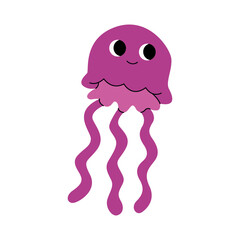 Cute purple jellyfish swimming, marine animal. Inhabitants of sea, ocean underwater life. Childish aquatic mammals print for nursery, kids apparel, poster, postcard, pattern. Cartoon vector.