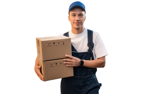 Male courier in uniform delivery in cardboard boxes, insulated transparent background.