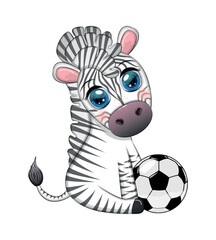 Cute zebra with a soccer ball. Cartoon character, summer sport