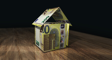 Euro 200 EUR money banknotes paper house on the table 3d illustration