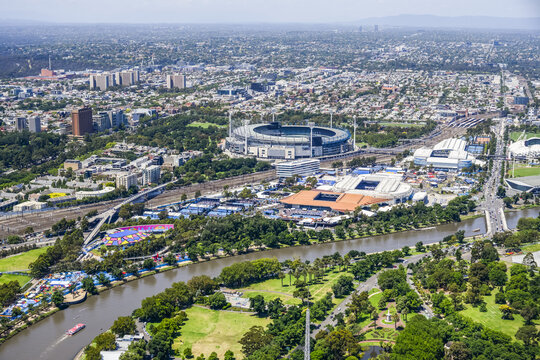 View of Melbourne and Melbourne Park from the Eureka Skydeck; Melbourne, Victoria, Australia