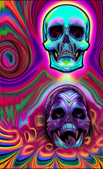 Death conceptual illustration, colored skulls acid hallucination, bad trip