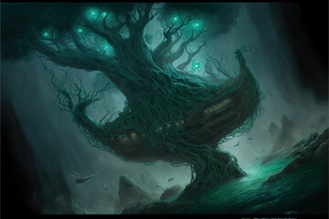 Giant Tree growing out of pirate ship fantasy concept art illustration, 