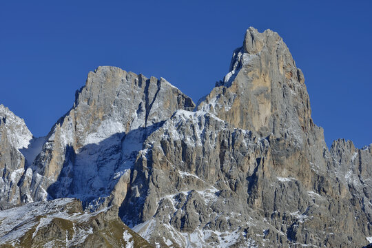 Close-up of the summit of Cimon Della Pala of the Pale Di San Martino in the Dolomites on a sunny day; Trentino-Alto Adige, Italy