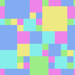 Vector colourful seamless pattern made of squares of different sizes and gentle pastel shades of blue, green, yellow and pink colours