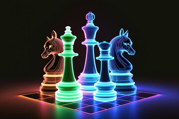 A colorful and bright neon chess board with chess pieces on a black background, generative ai