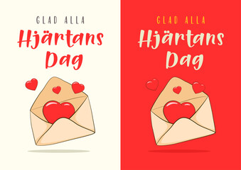 Happy Valentine's Day in Swedish (Glad alla hjärtans dag). Two card template. Cartoon. Vector illustration