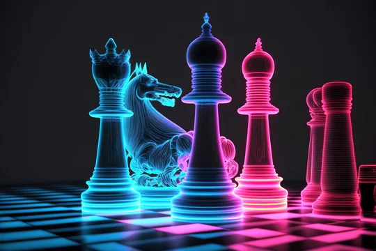 A futuristic chess board with neon lights and unique pieces against a  cosmological background