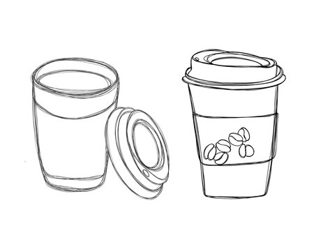 Line art illustration freehand coffee to go- doodle take away coffee cup. Collection of illustrations of glasses with coffee