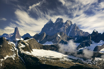 Jagged peaks of Devils Paw and snow covered glaciers at Juneau Icefield, Alaska, USA