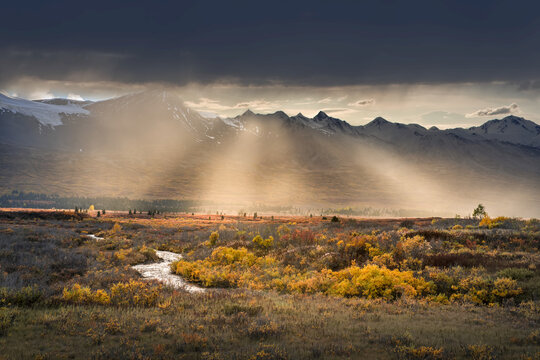 Coast Mountain Range with rays of sunlight beaming across the autumn tundra, Alaska, USA