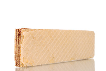 One sweet chocolate wafer, close-up, isolated on white background.